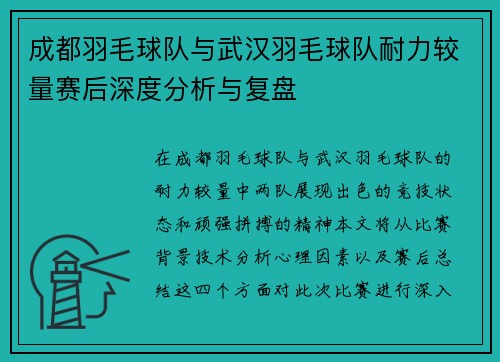 成都羽毛球队与武汉羽毛球队耐力较量赛后深度分析与复盘